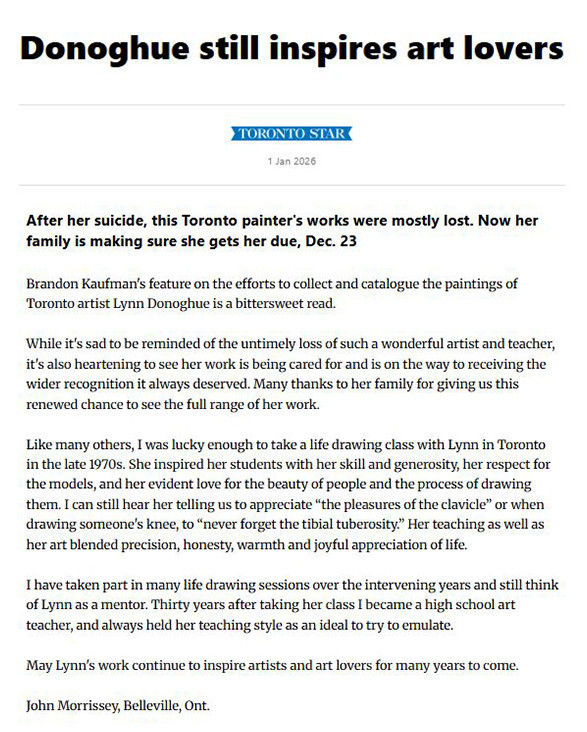 The Toronto Star
"Donoghue still inspires art lovers" by John Morrissey, January 1st, 2026